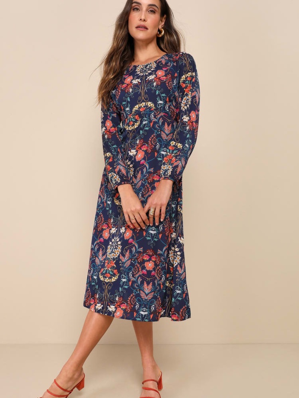 Lulus I. Madeline Garden Splendor Navy Blue Floral Print Long Sleeve Midi Small